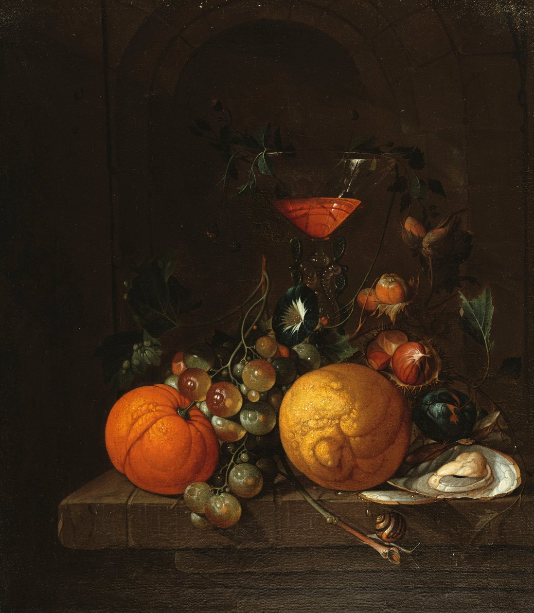 Cytryna, pomarańcza, winogrona, ostryga i kieliszek wina na półce autorstwa Cornelis de Heem