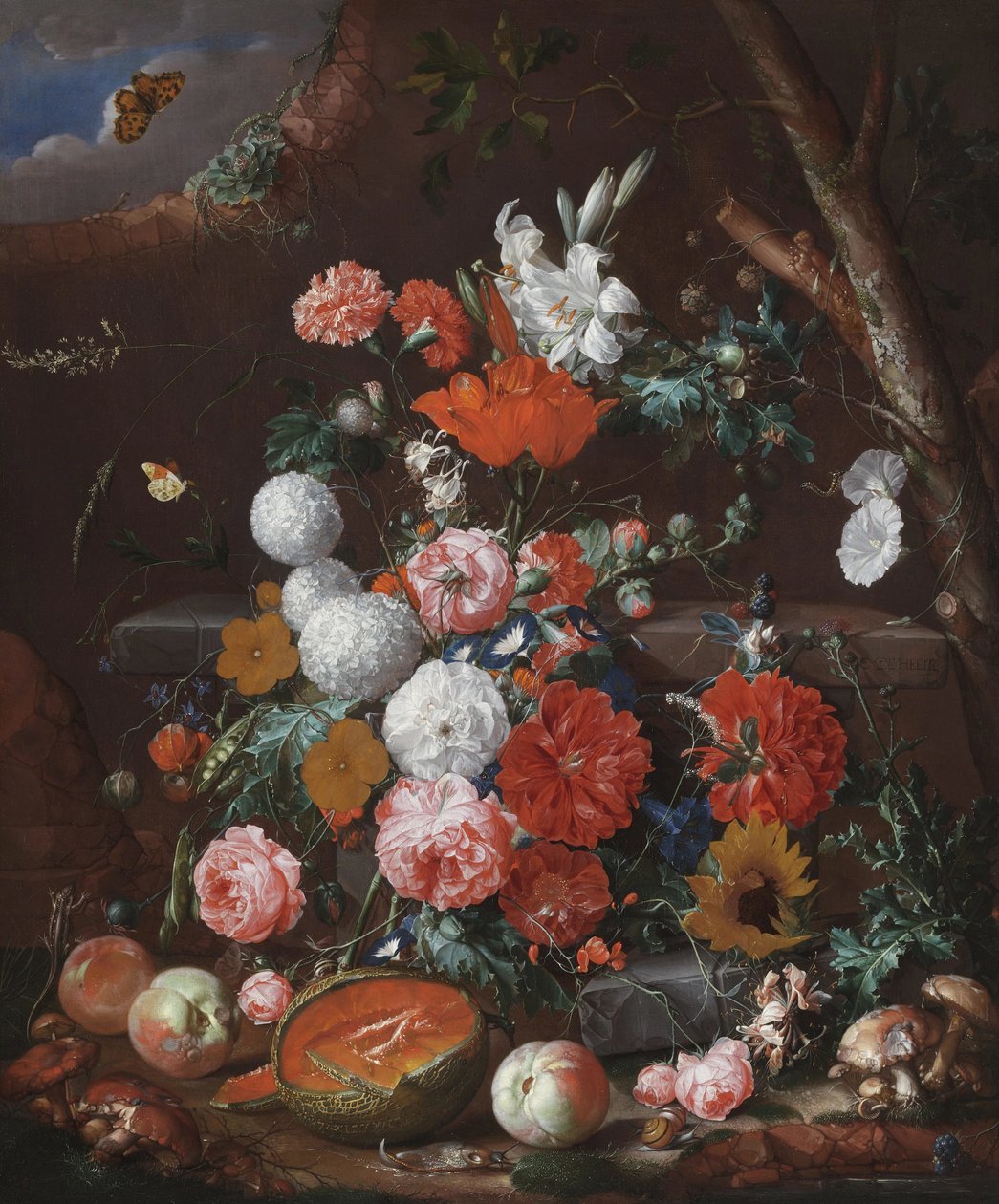 Martwa natura z kwiatami i owocami ułożonymi na kamiennym cokole w ogrodzie autorstwa Cornelis de Heem
