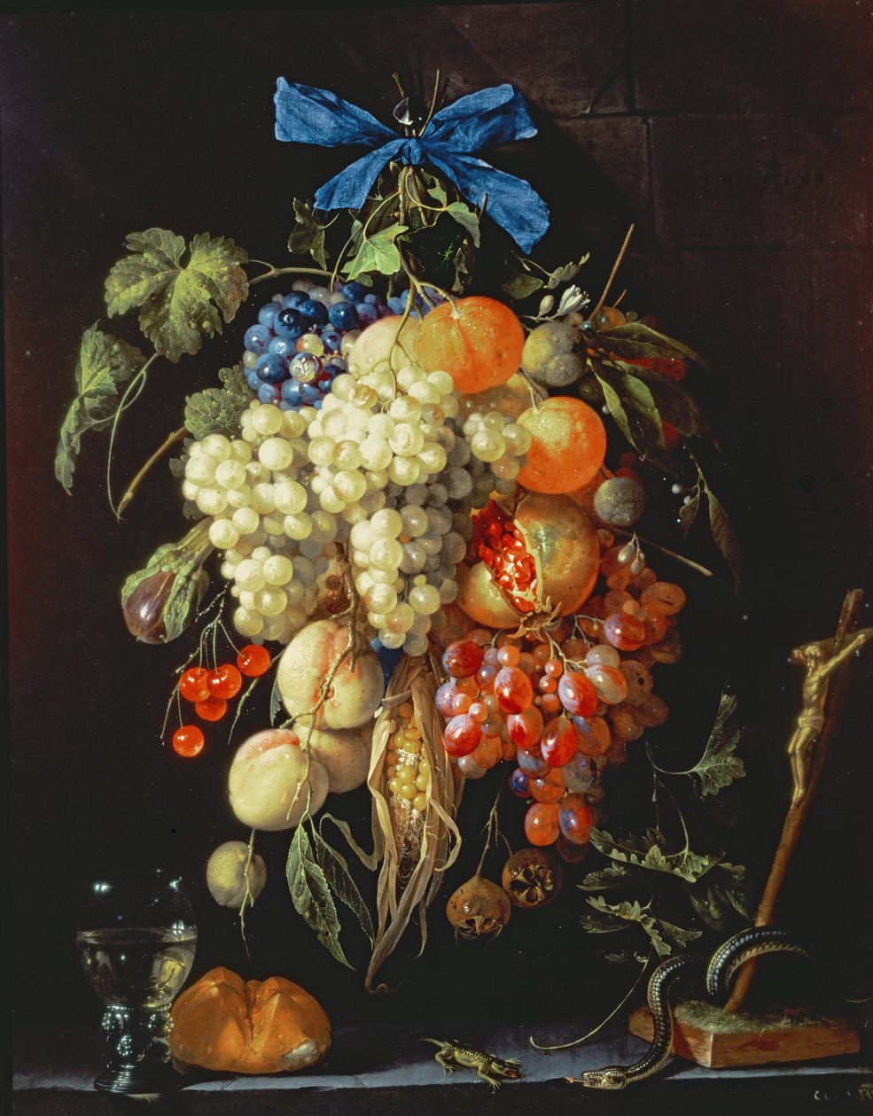 Bukiet owoców z symbolami eucharystycznymi na półce poniżej autorstwa Cornelis de Heem