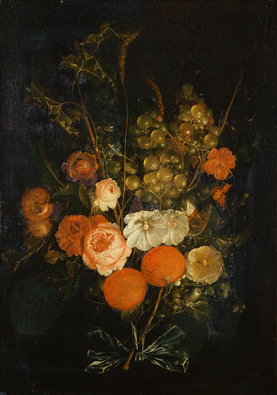 Bukiet róż, goździków, pomarańczy, winogron, żołędzi i kasztanów (olej na płótnie) autorstwa Cornelis de Heem
