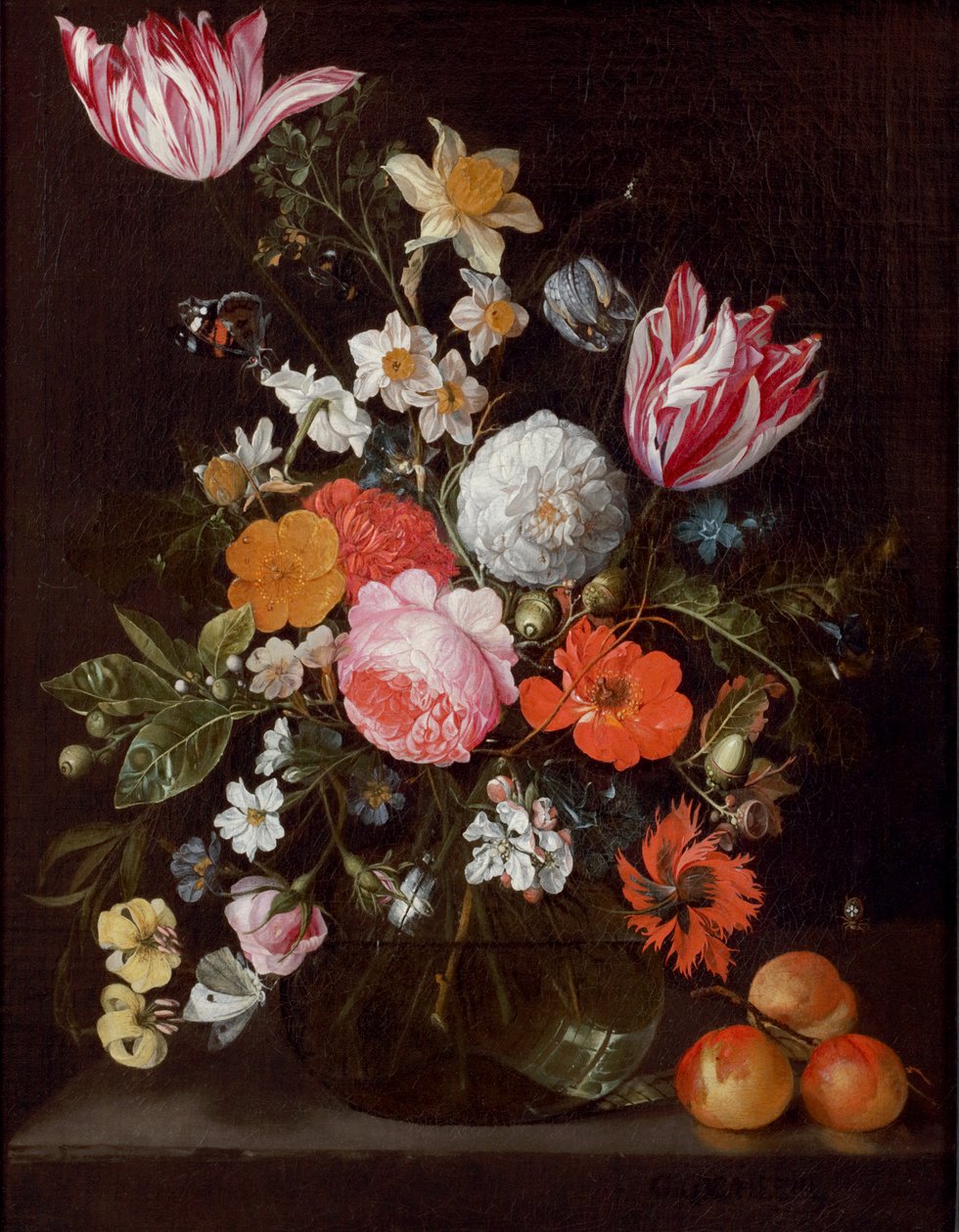 Kwiaty w szklanym wazonie na kamiennej półce z morelami autorstwa Cornelis de Heem