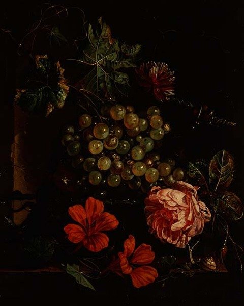 Winogrona i kwiaty z chrząszczem, ślimakiem i jaszczurką autorstwa Cornelis de Heem