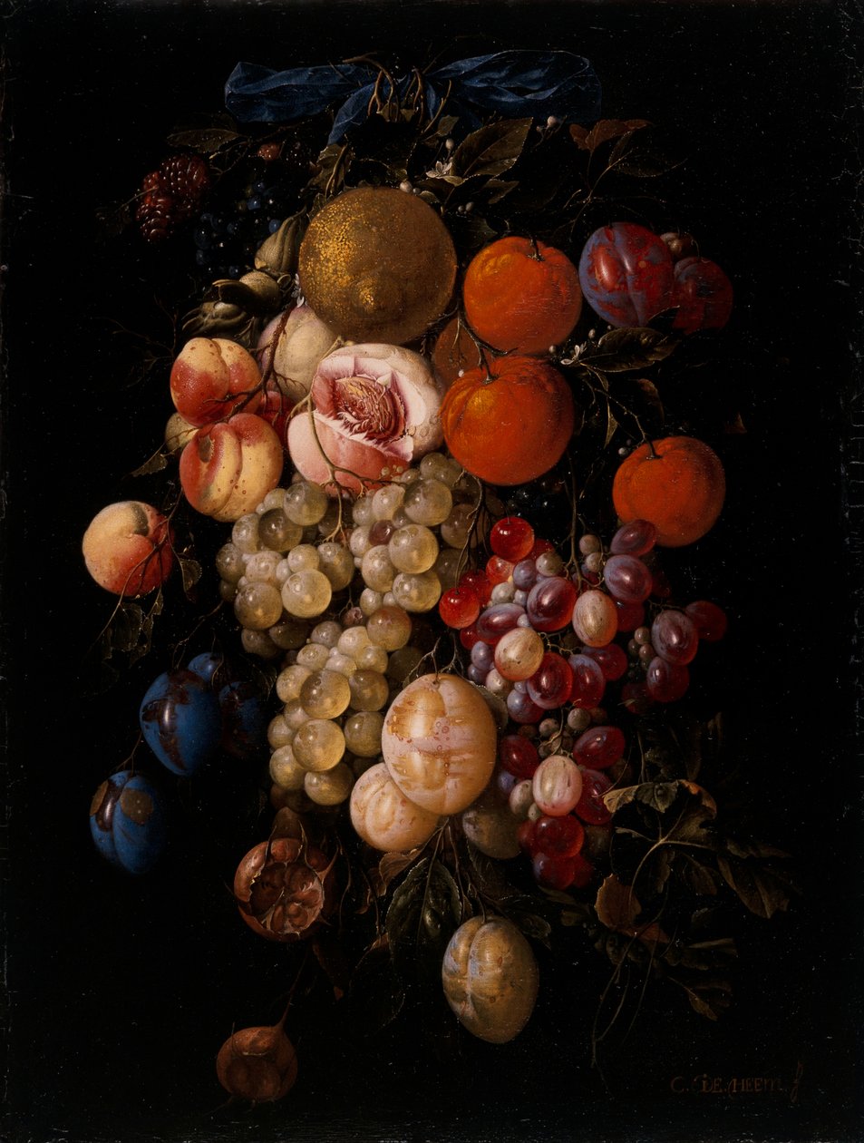 Martwa natura z winogron, wiśni i śliwek zwisających z gwoździa z niebieską wstążką autorstwa Cornelis de Heem
