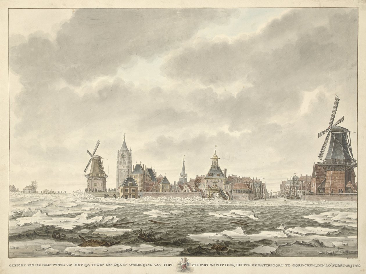 Widok okupacji lodu poza Waterpoort w Gorinchem, 20. lutego 1799 autorstwa Cornelis de Jonker