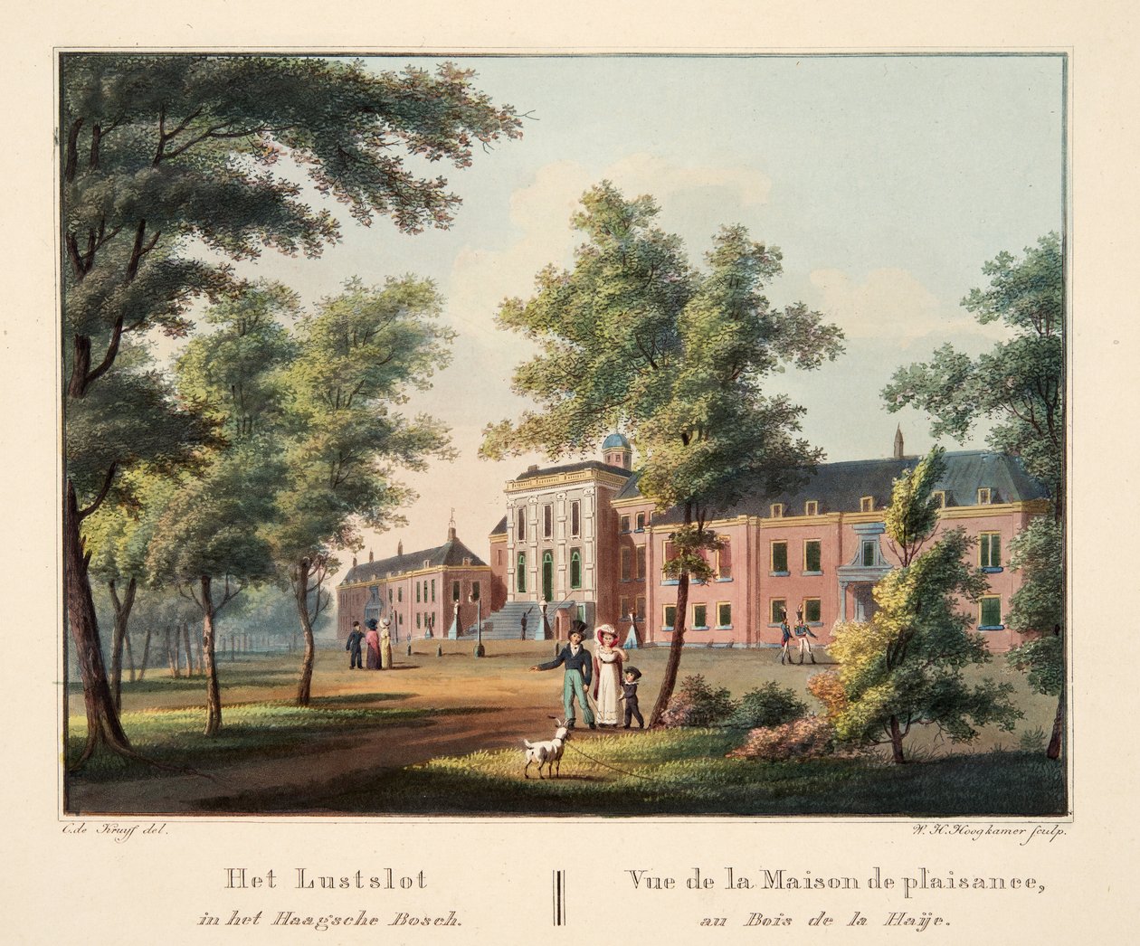 Lustslot w Haagsche Bosch. Vue de la Maison de plaisance, au Bois de la Haije, 1825 (ręcznie barwiony grawer) autorstwa Cornelis de Kruyff