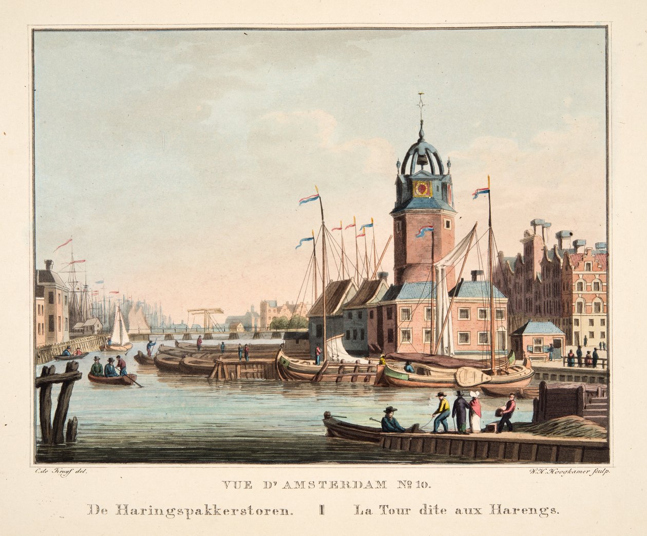 Widok na Amsterdam nr 10. Z Haringspakkerstoren. La Tour dit aux Harengs, 1825 (ręcznie barwiony grawerunek) autorstwa Cornelis de Kruyff