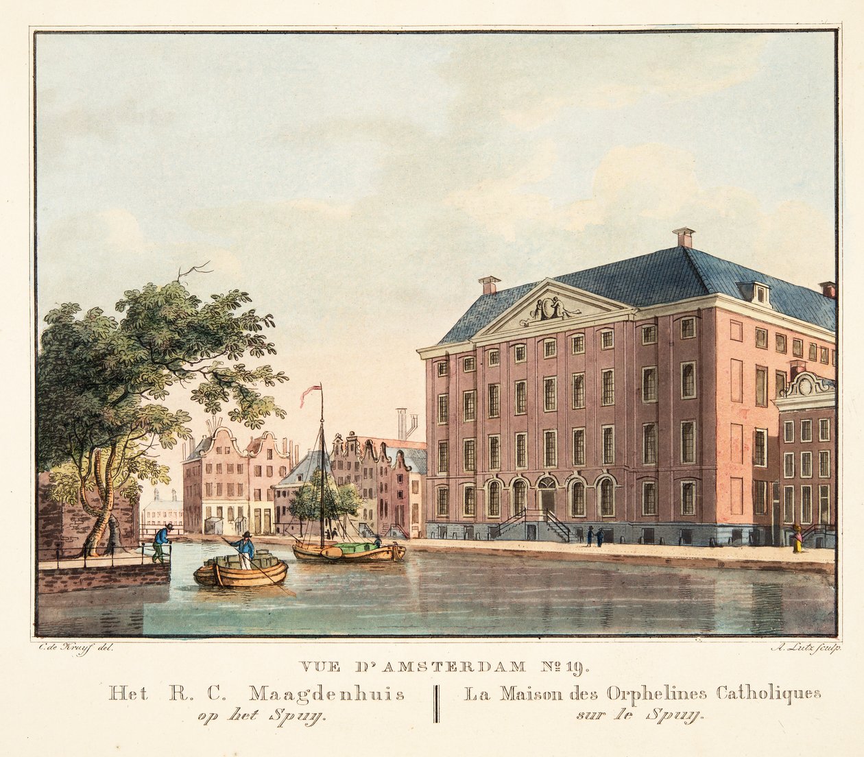 Widok na Amsterdam nr 19. Het R.C. Maagdenhuis op het Spuij. Dom Sierot Katolickich na Spuij, 1825 (rycina ręcznie kolorowana) autorstwa Cornelis de Kruyff