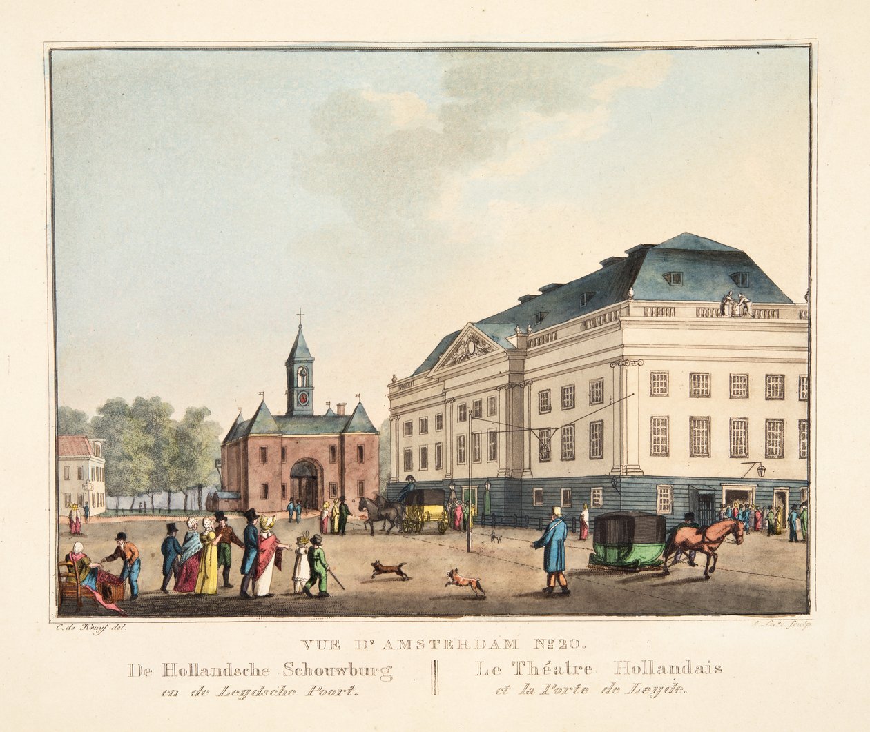 Widok na Amsterdam nr 20. De Hollandsche Schouwburg en de Leydsche Poort. Teatr Holenderski i Port Leyden, 1825 (rycina ręcznie kolorowana) autorstwa Cornelis de Kruyff