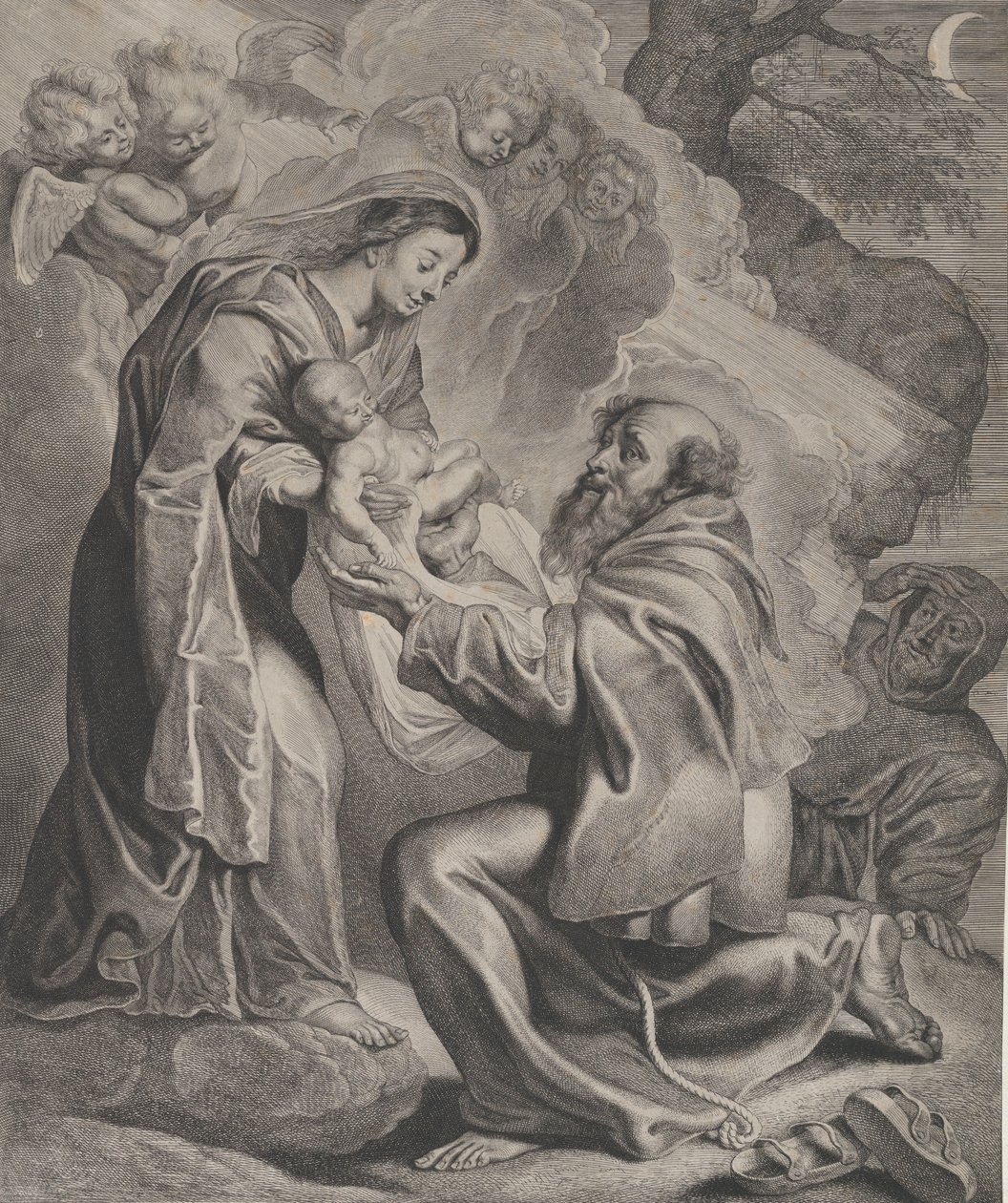 Wizja św. Franciszka, klęczącego po prawej stronie, przyjmującego Dzieciątko Jezus od Dziewicy..., 1650. autorstwa Cornelis de Visscher