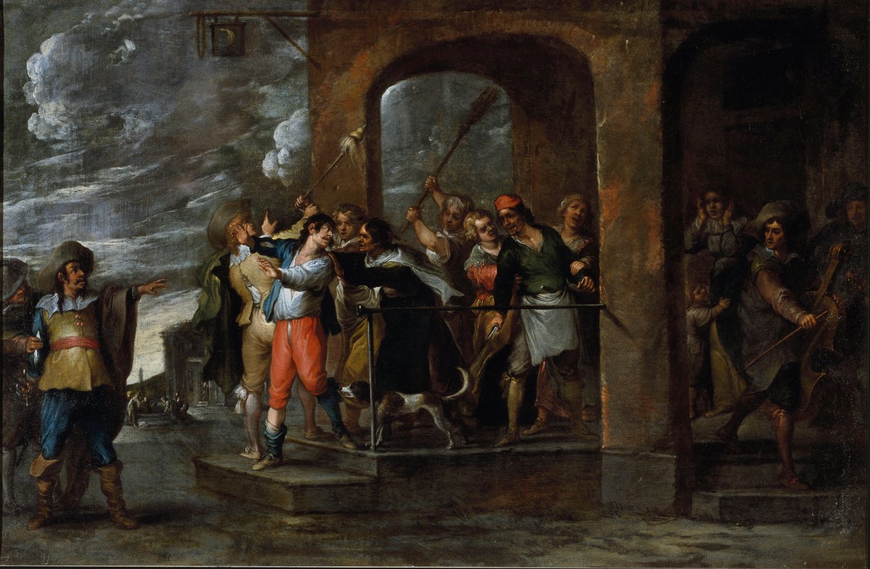 Historia syna marnotrawnego: wypędzenie. Obraz Cornelisa De Waela (1592-1667), około 1630-1639. Sztuka flamandzka. Olej na płótnie. Wymiary: 57x86cm. Geny, kolekcja Privee. autorstwa Cornelis de Wael