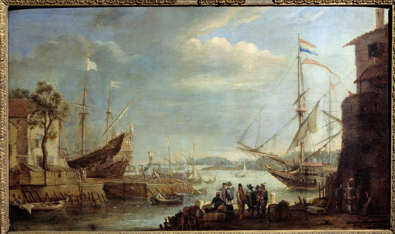 Port morski w XVII w. Obraz Corneliusa de Waeza (1592-1667) XVII w. Chalons sur Marne, Muzeum Sztuk Pięknych autorstwa Cornelis de Wael