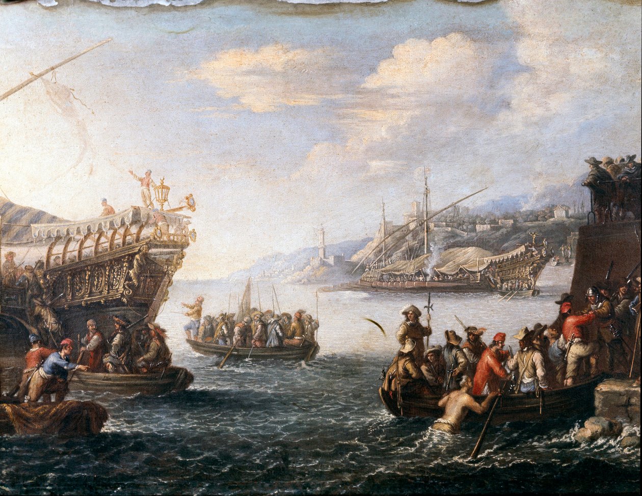 Żołnierze wyruszający do walki z Turkami w porcie Genoz (Malarstwo autorstwa Cornelis de Wael