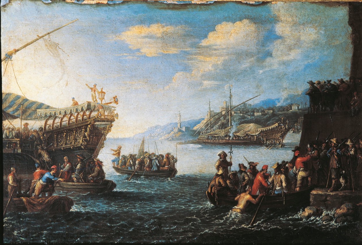 Żołnierze wchodzący na pokład galery w porcie w Genui autorstwa Cornelis de Wael