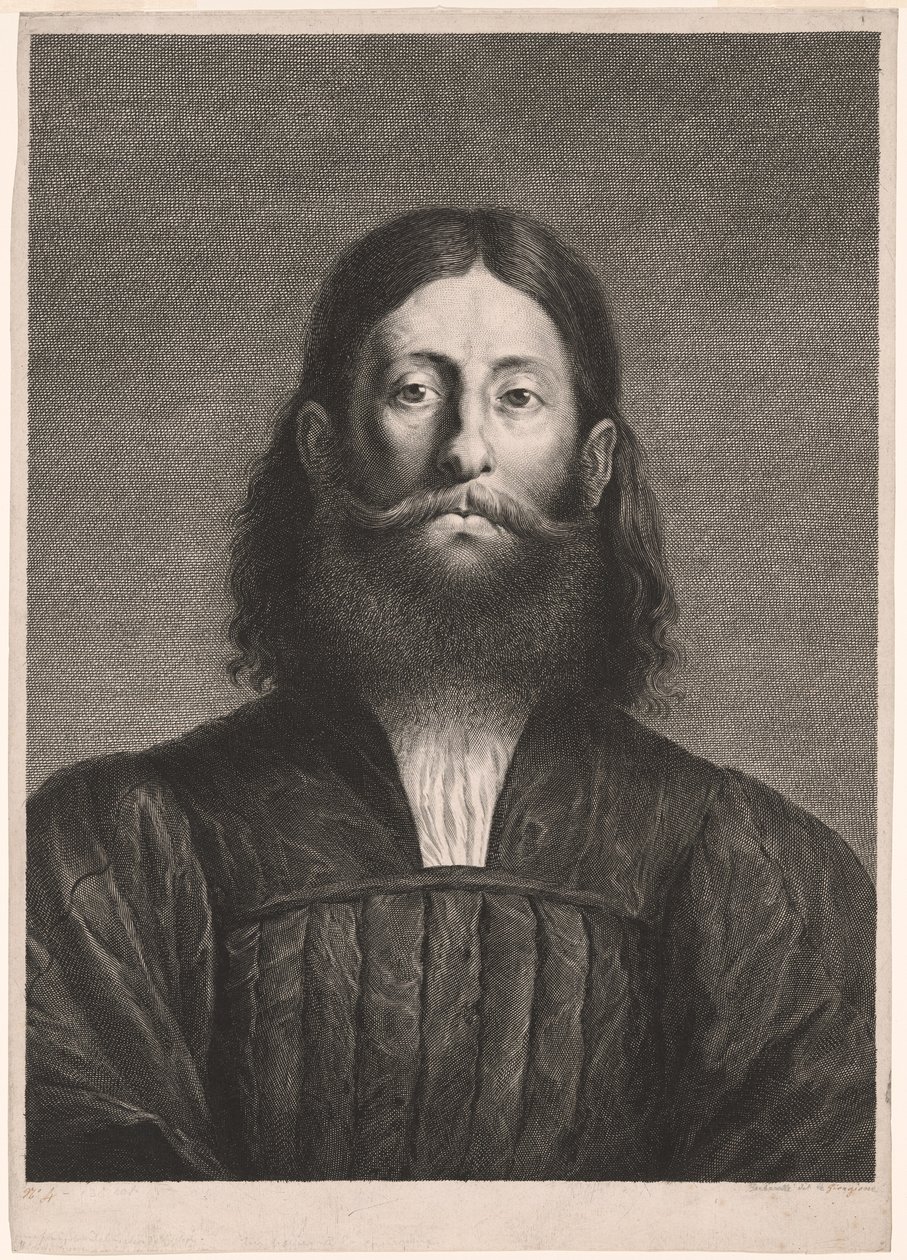 Portret brodatego mężczyzny (tzw. portret Giorgione), z Cabinet Reynst; Variarum imaginum a celeberrimis artificibus pictarum Caelaturae (Cabinet Reynst: Engravings of various images painted by famous artists). autorstwa Cornelis van Dalen II