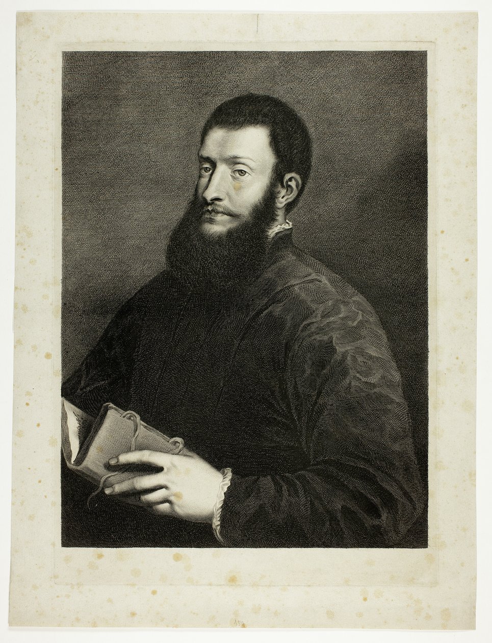 Portret poety Pietro Aretino, z Gabinetu Reynsta; Variarum imaginum a celeberrimis artificibus pictarum Caelaturae (Gabinet Reynsta: Ryciny różnych obrazów namalowanych przez znanych artystów) autorstwa Cornelis van Dalen II