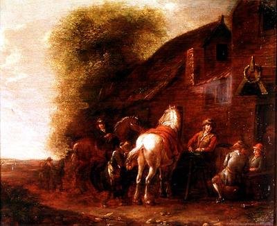 Jeźdźcy przed wioską karczmą autorstwa Cornelis van Essen