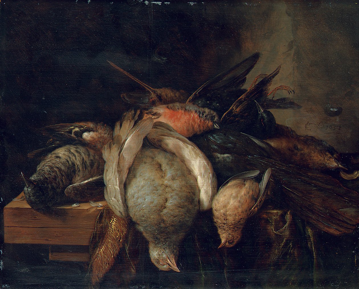 Martwe ptaki na półce skalnej, 1651 autorstwa Cornelis van Lelienbergh