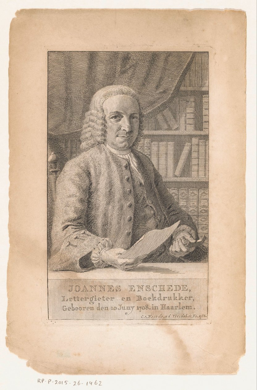 Portret Johannesa Enschedé Joannes Enschede, założycielka pisma i drukarz książek (tytuł na obiekcie) autorstwa Cornelis van Noorde