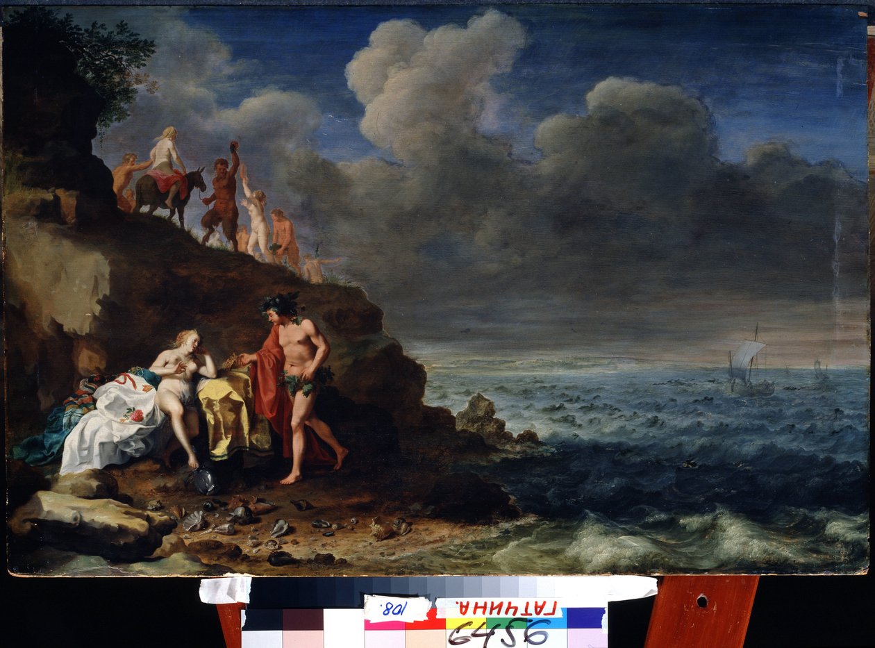 Dionizos i Ariadna na wyspie Naxos. (Bachus i Ariadna na wyspie Naxos). Obraz Cornelisa Van Poelenburgha (1594/95-1667) Olej na drewnie. Holenderska sztuka w stylu barokowym. Państwowy Skansen Pałac Pawłowsk, Sankt Petersburg. autorstwa Cornelis van Poelenburgh