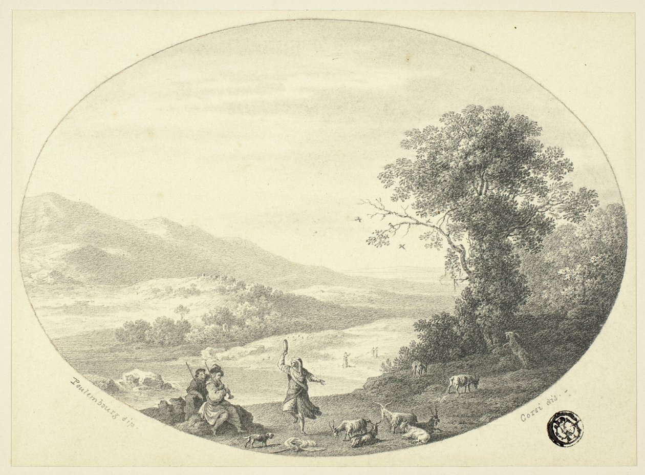 Włoski pejzaż z tancerzem, muzykami i kozami autorstwa Cornelis van Poelenburgh