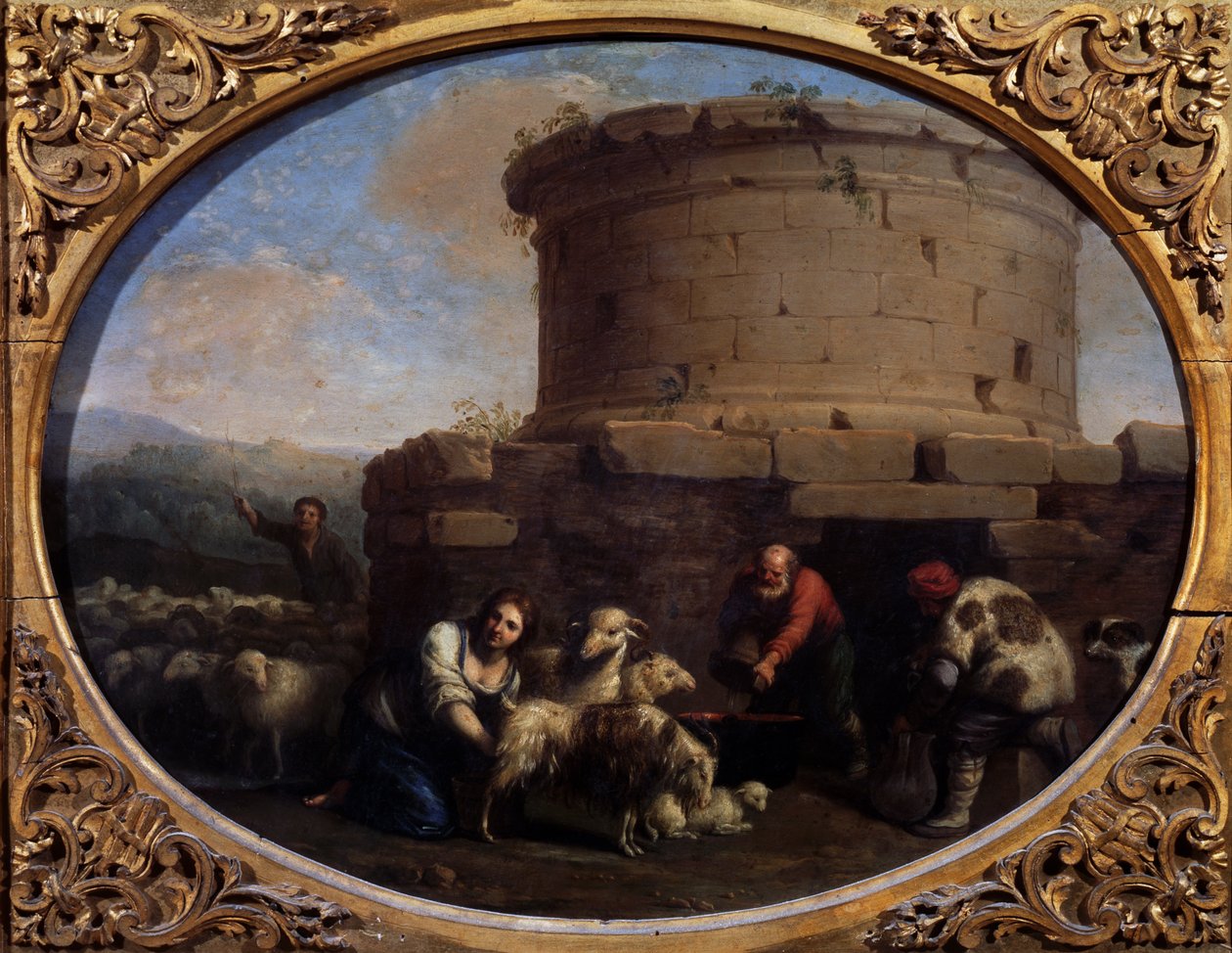 Pasterze, stada i rolnicy przy fontannie w Rzymie (olej na płótnie) autorstwa Cornelis van Poelenburgh