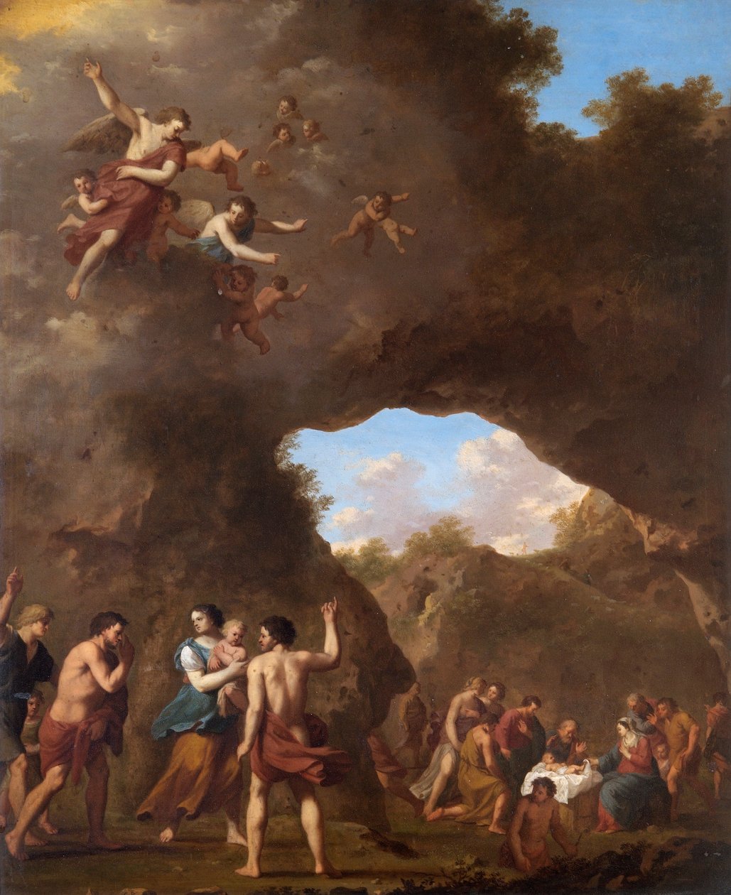 „Anioły prowadzące pasterzy do Narodzenia”, XVII wiek autorstwa Cornelis van Poelenburgh