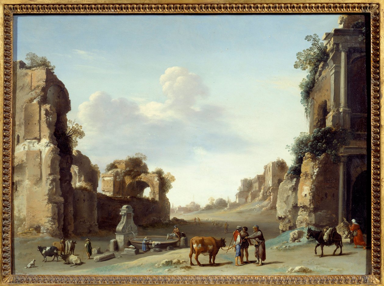 Fantastyczny widok na Campo Vaccino w Rzymie z dwoma osłami Obraz Cornelisa van Pelenburgha (1596-1667) autorstwa Cornelis van Poelenburgh or Poelenburch