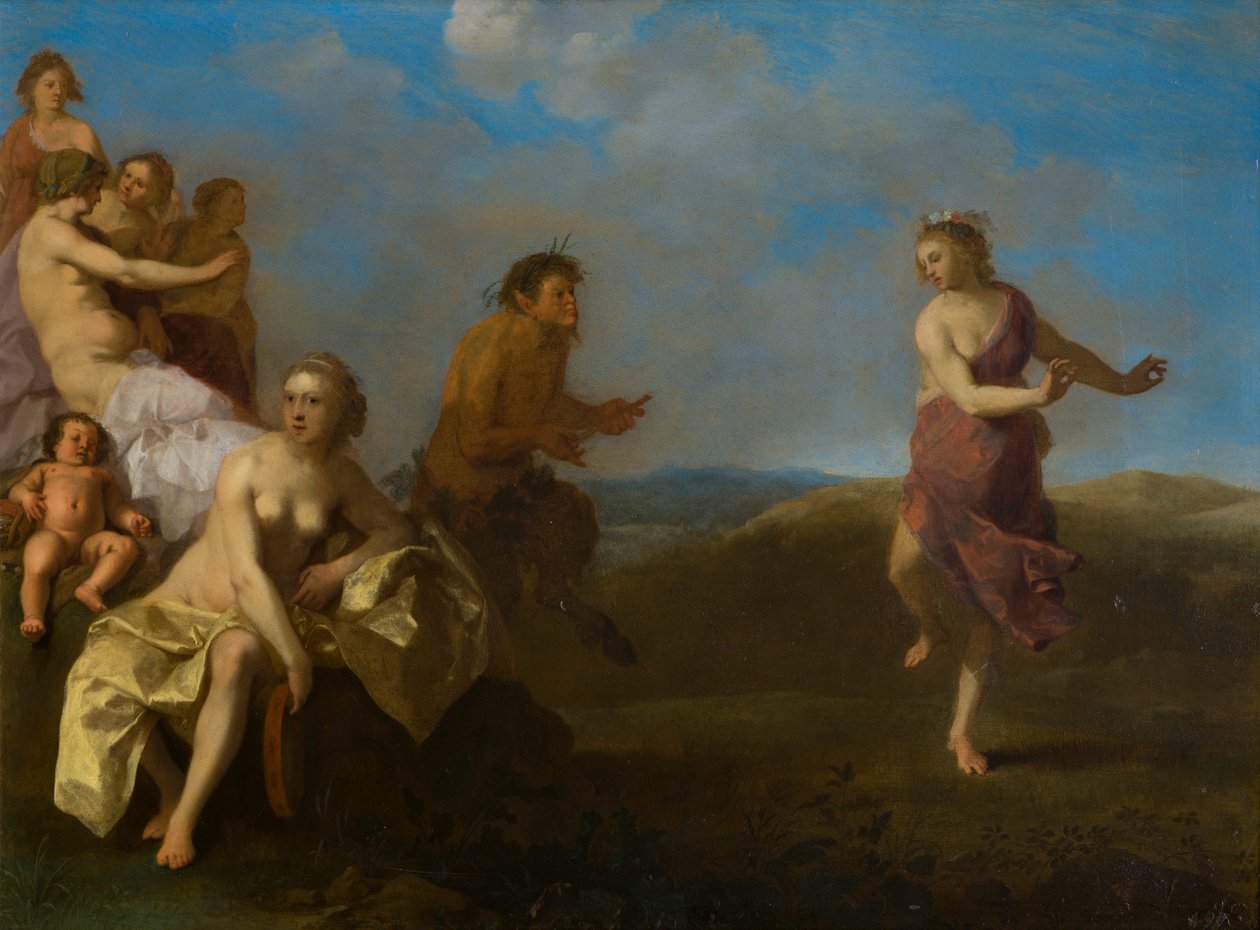 Nimfy i satyr, ok. 1621 (olej na miedzi) autorstwa Cornelis van Poelenburgh or Poelenburch