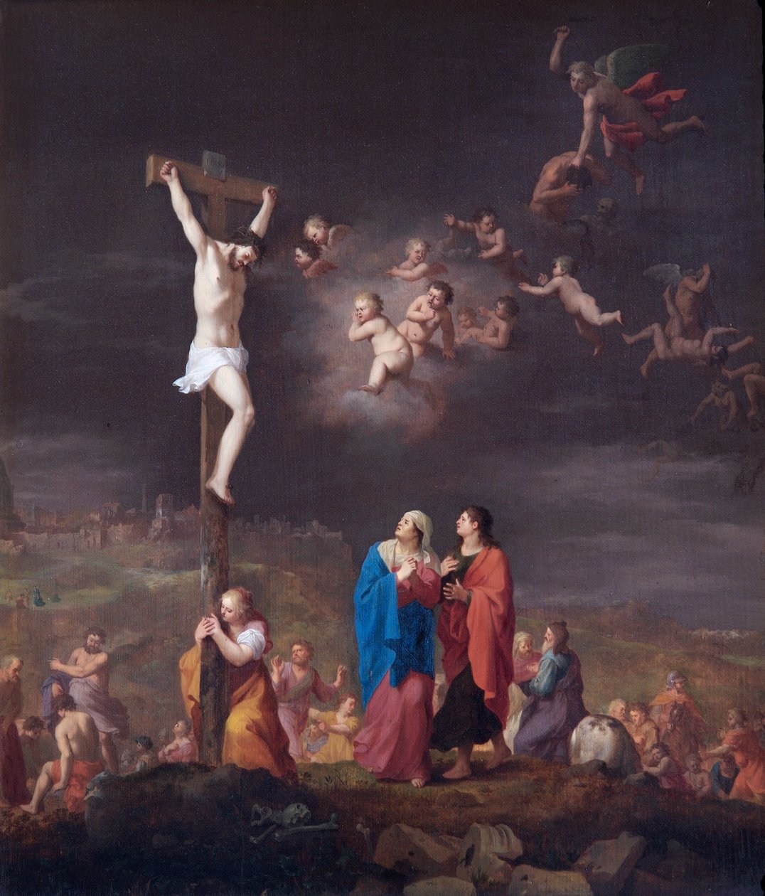 Ukrzyżowanie, wraz z upadkiem zbuntowanych aniołów (olej na desce dębowej) autorstwa Cornelis van Poelenburgh or Poelenburch