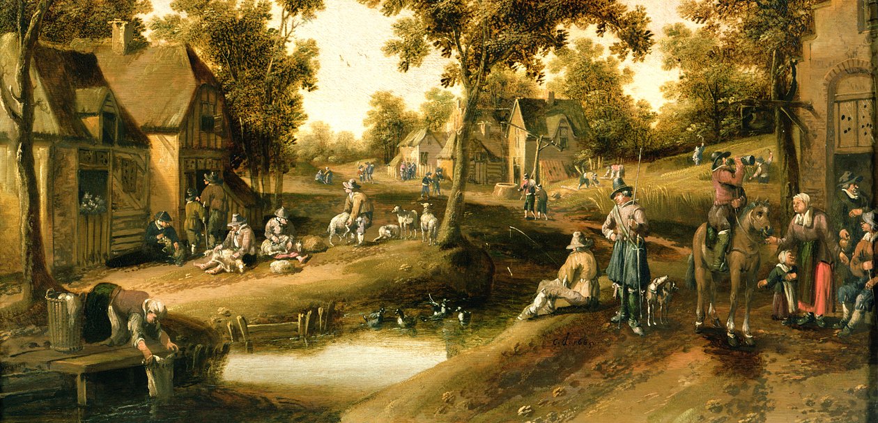 Scena wiejska z chłopami nad brzegiem potoku autorstwa Joost Cornelisz. Droochsloot