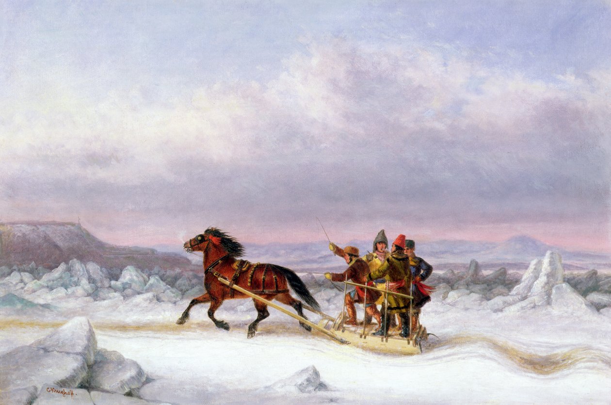 Przeprawa przez St. Lawrence z Levis do Quebecu na saniach (olej) autorstwa Cornelius Krieghoff