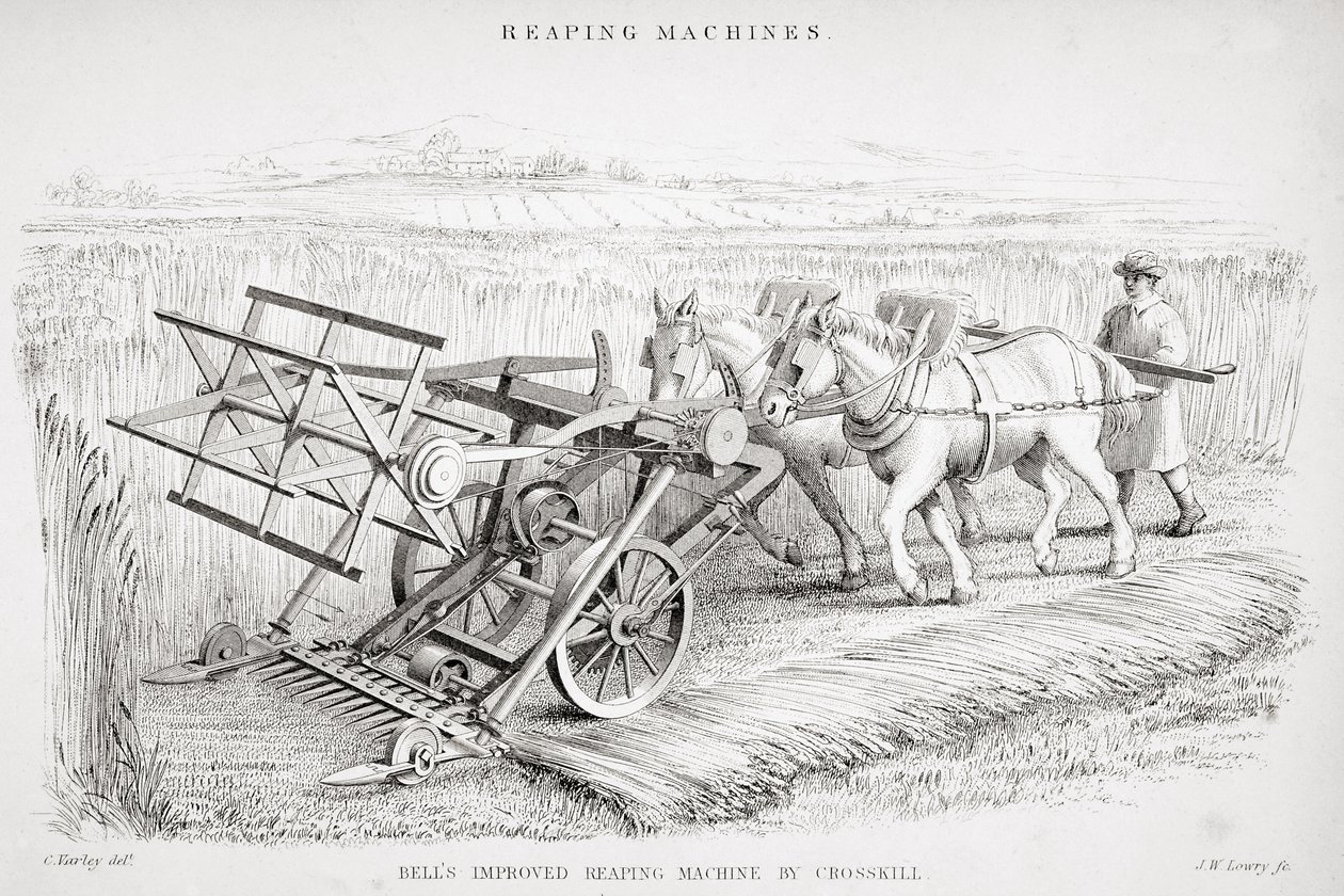 Ulepszona maszyna do zbioru Bella, grawerowana przez J.M. Lowry autorstwa Cornelius Varley
