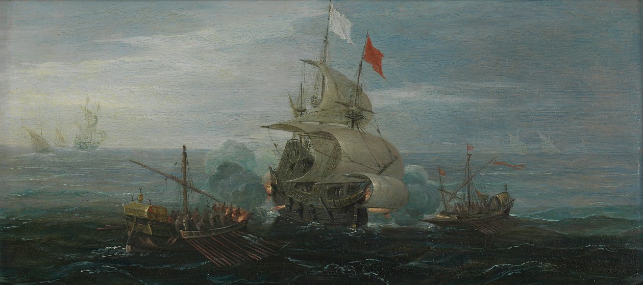 Francuski statek i piraci barbarzyńcy, ok. 1615 (olej na dębowym panelu) autorstwa Cornelius Bol