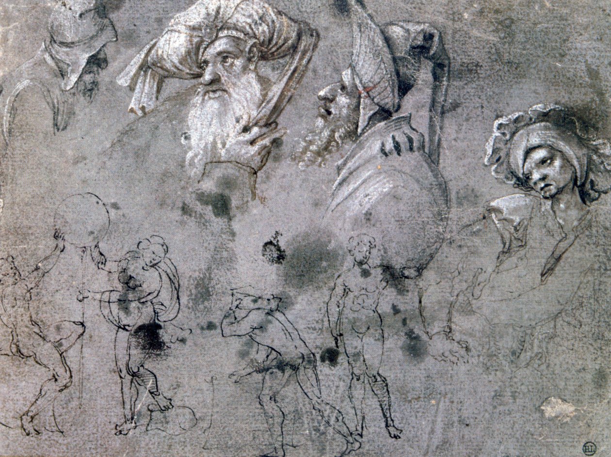 „Studium z głowami z wyrażeniami”, c1468-1533 autorstwa Cornelius Engebrechtsz