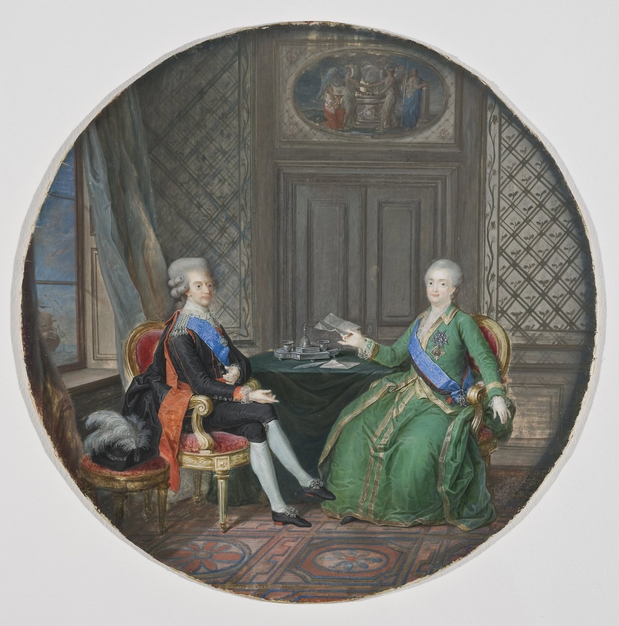 Gustave III de suède (1746-1792) et Catherine II de Russie (1729-1796) a Fredrikshamn (actuelle Hamina, Finlande) - król Szwecji Gustaw III i Katarzyna II Rosji w Fredrikshamn, Hoyer, Cornelius (1741-1804) . Akwarela na pergaminie autorstwa Cornelius Hoyer