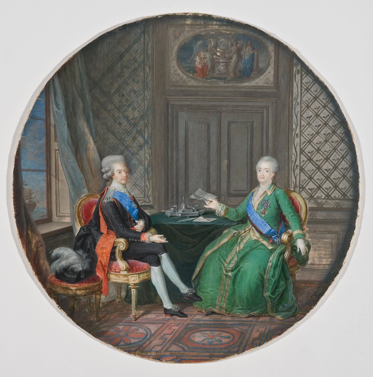 Król Gustaw III i Katarzyna II z Rosji w Fredrikshamn 1783 (akwarela na pergaminie) autorstwa Cornelius Hoyer