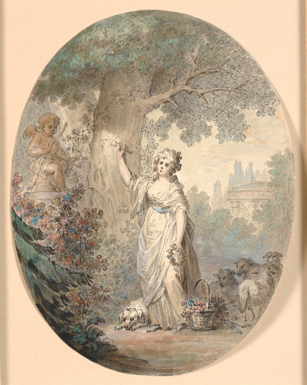 Pasterka rzeźbi znak na drzewie autorstwa Cornelius Høyer