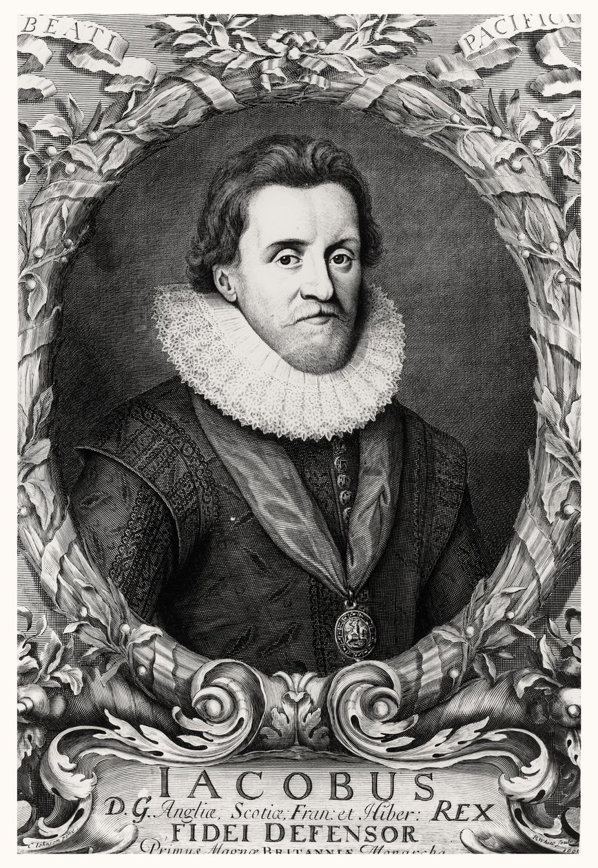 Portret Jakuba I, króla Wielkiej Brytanii, rytowany przez R.White, 1669 autorstwa Cornelius I after Johnson