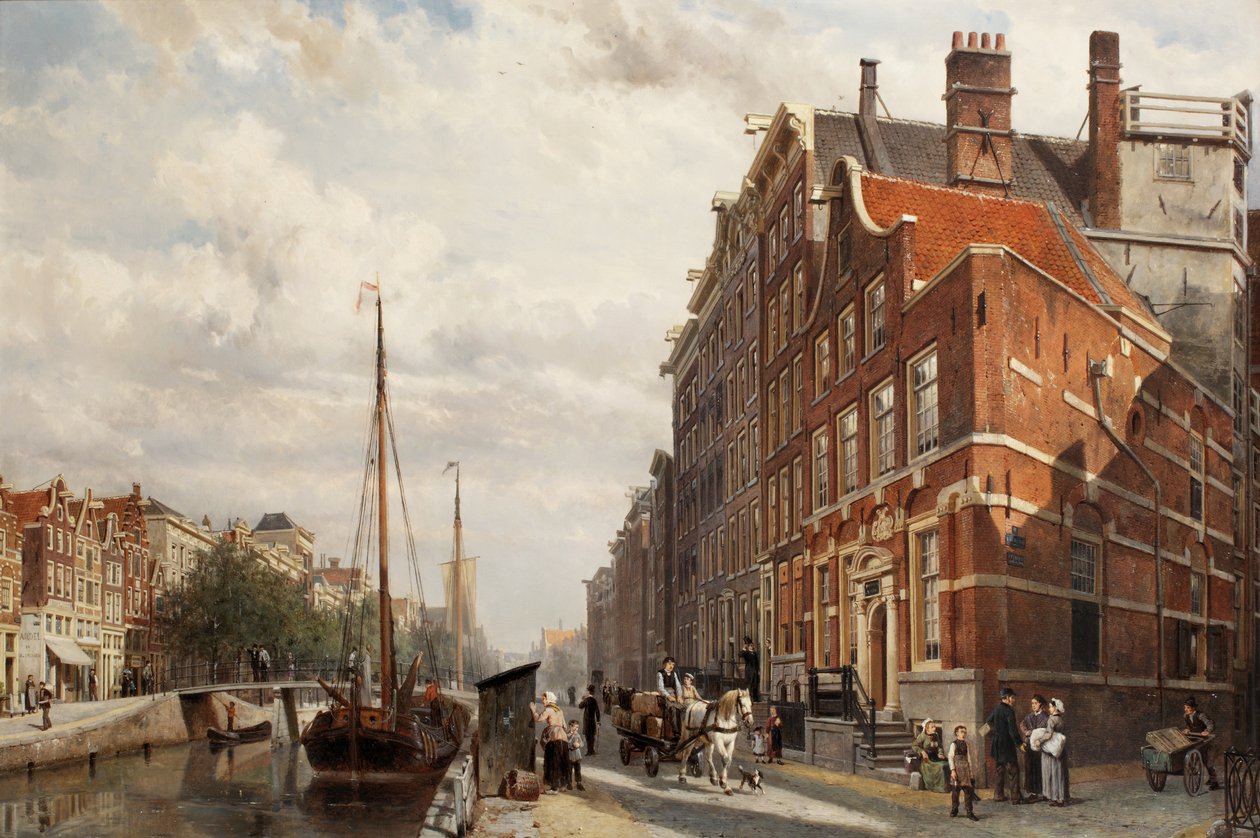 Widok na Makelaers Comptoir na Nieuwezijds Voorburgwal, Amsterdam, 1883 autorstwa Cornelis Springer