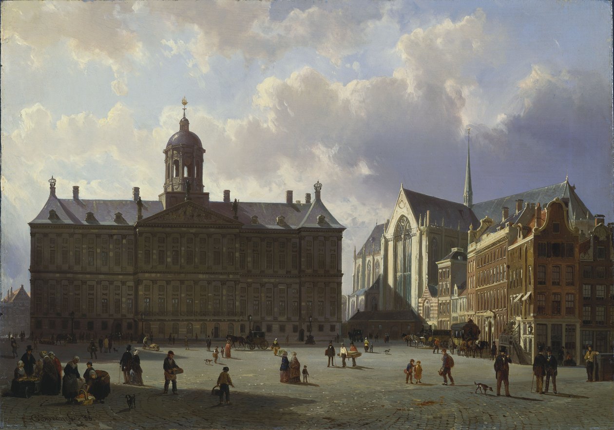 Plac Dam z Pałacem Królewskim, Amsterdam, 1855 autorstwa Cornelis Springer