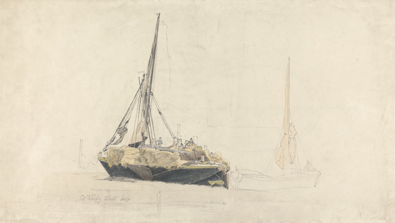 Żaglówka ładowana sianem, grudzień 1827 r autorstwa Cornelius Varley