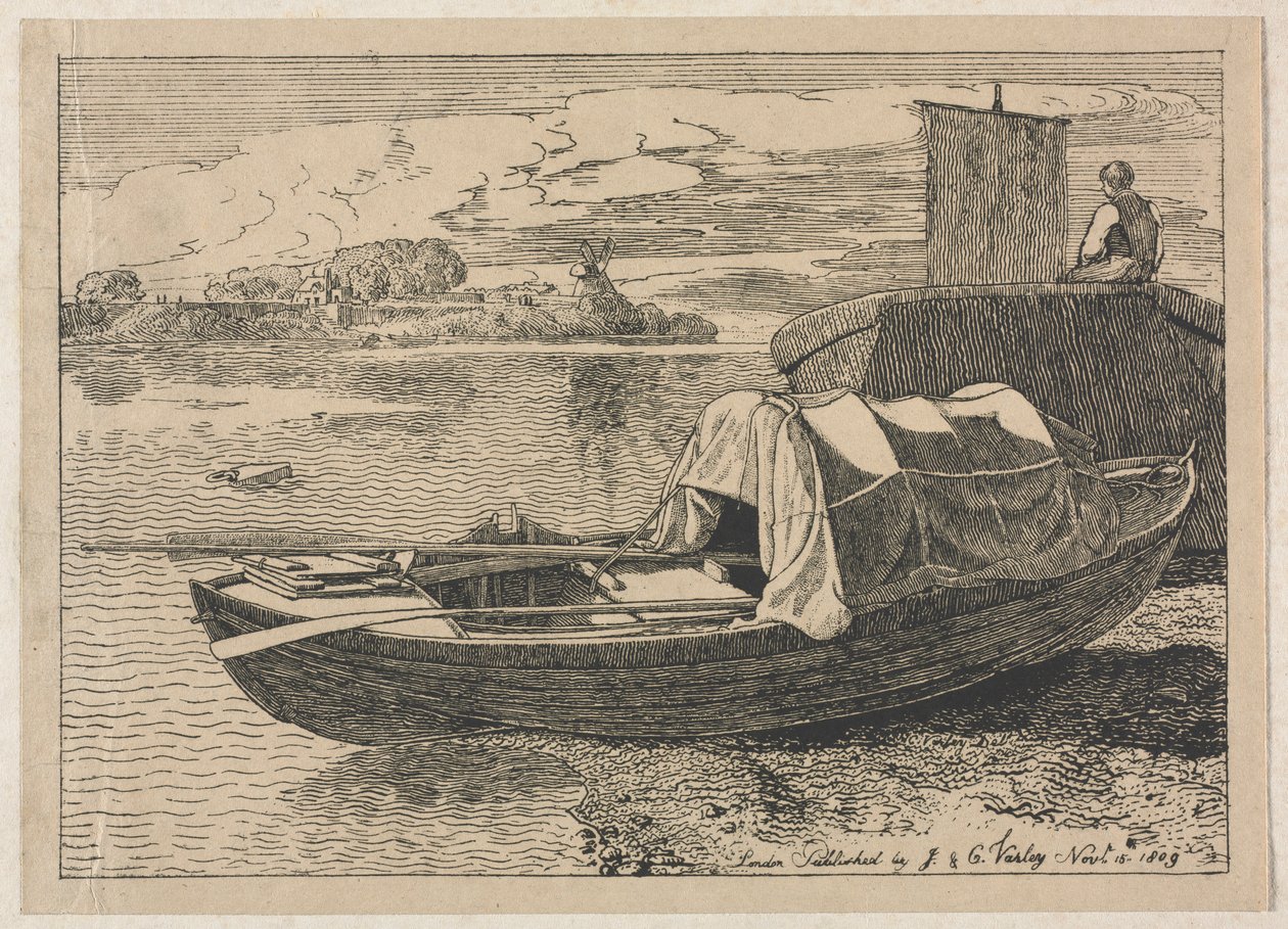 Łodzie na rzece, wiatrak w oddali, 1809. autorstwa Cornelius Varley