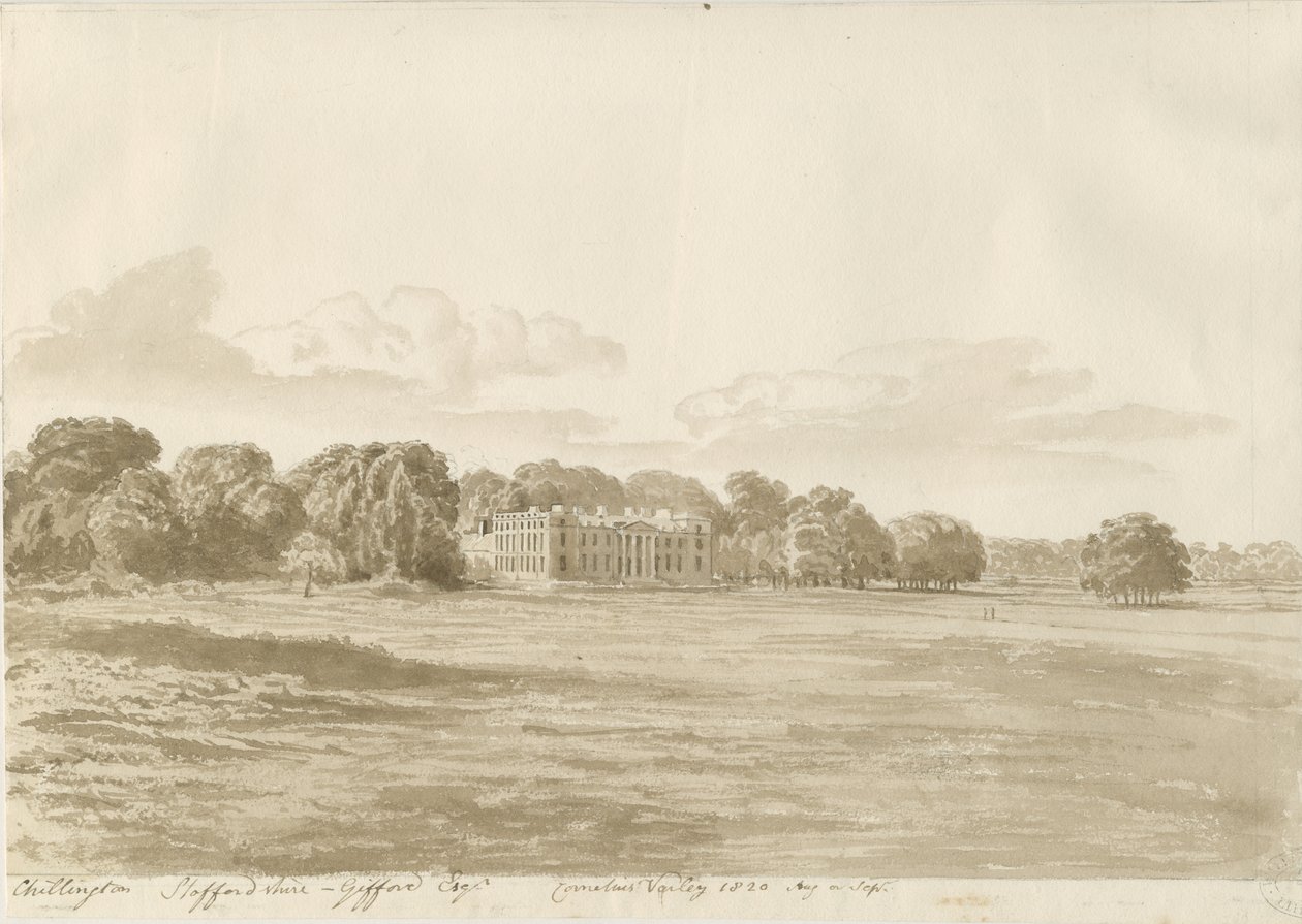 Chillington Hall: rysunek w sepii autorstwa Cornelius Varley