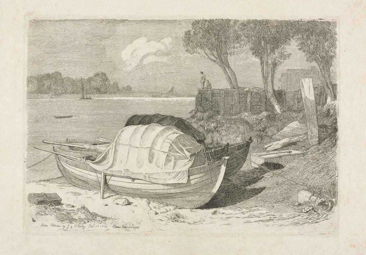 Dwie łodzie rybackie na plaży, 1809. autorstwa Cornelius Varley