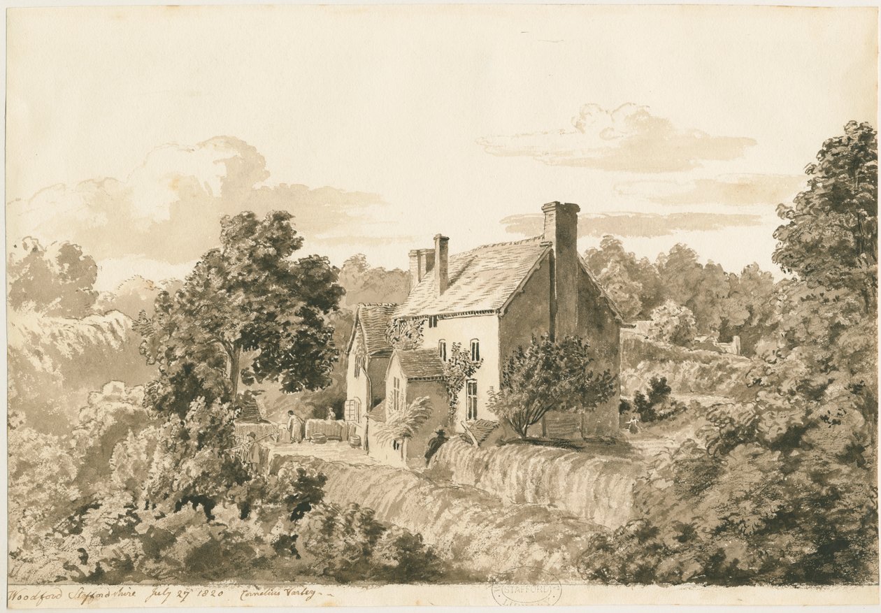 Woodford - Domki: rysunek w sepii, 27 lipca 1820 autorstwa Cornelius Varley