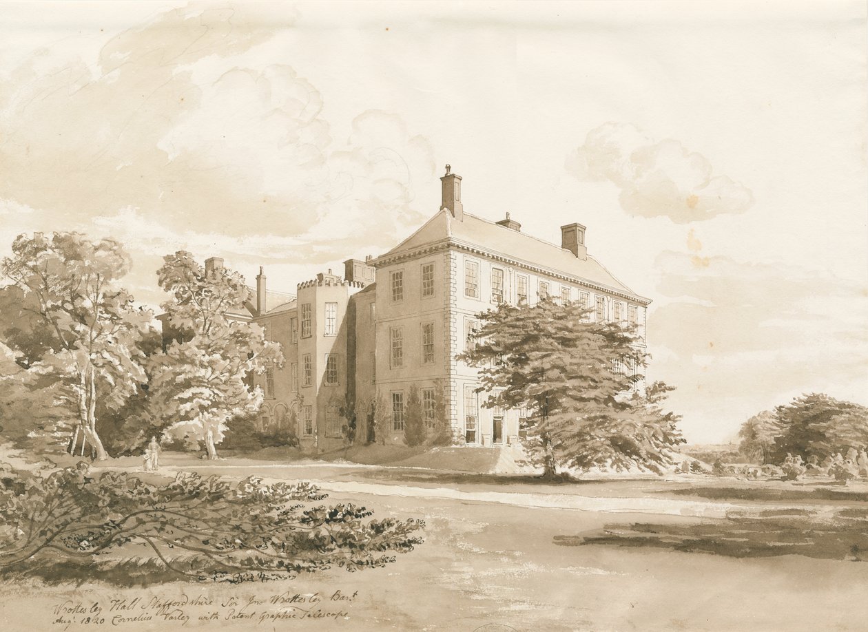 Wrottesley Hall: rysunek w sepii, sierpień 1820 autorstwa Cornelius Varley