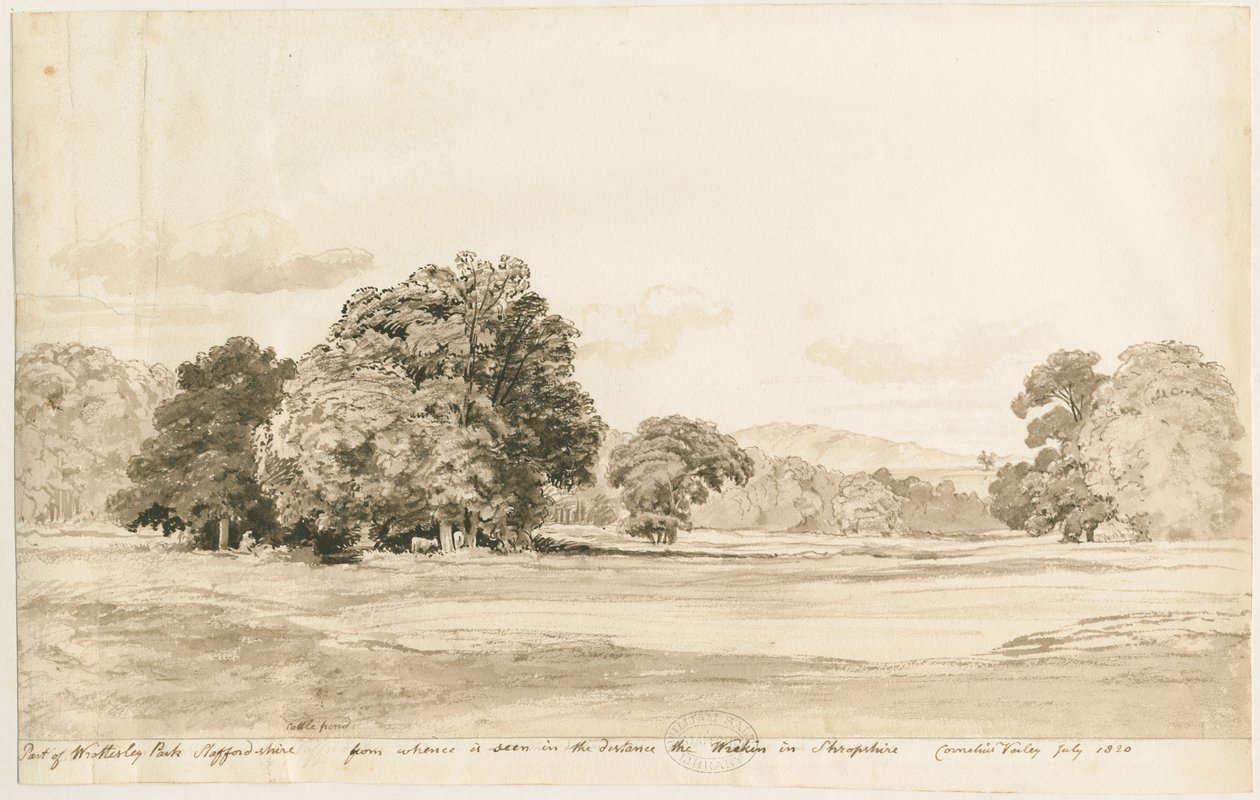 Park Wrottesley: rysunek w sepii, lipiec 1820 autorstwa Cornelius Varley