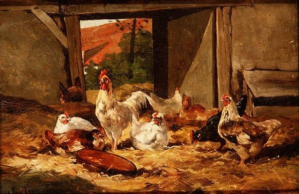 Kurczaki w stodole (jeden z pary) autorstwa Cornelius van Leeputten