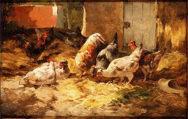 Kurczaki w stodole (jeden z pary) autorstwa Cornelius van Leeputten