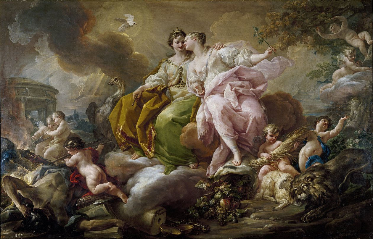 Sprawiedliwość i pokój - Obraz Corrado Giaquinto (1703-1766) 1754 - Olej na płótnie - 216x325 cm - Sztuka rokoko - Museo del Prado, Madryt autorstwa Corrado Giacquinto